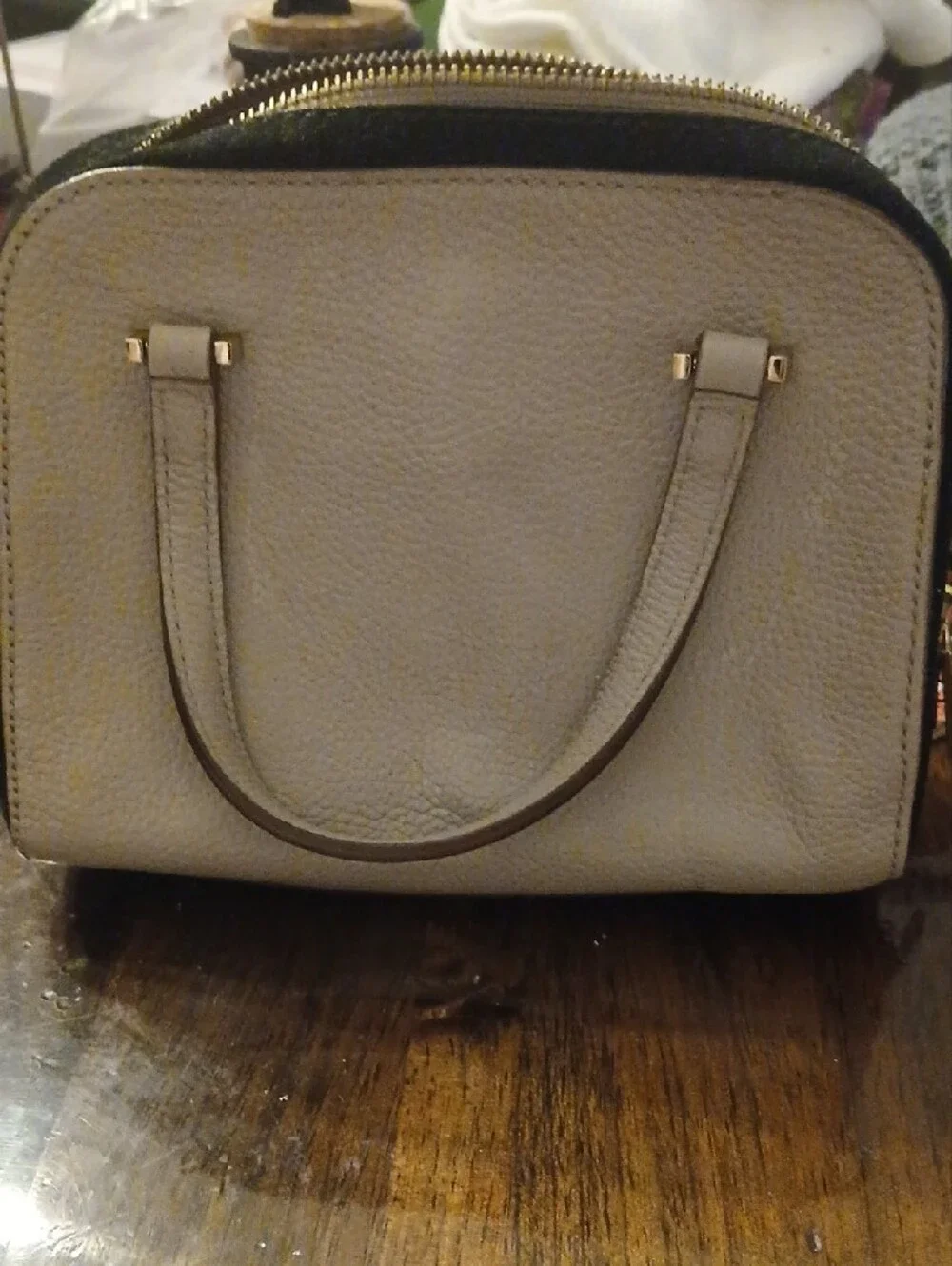kate spade Pebbled Leather Mini Satchel in Light Taupe & Black